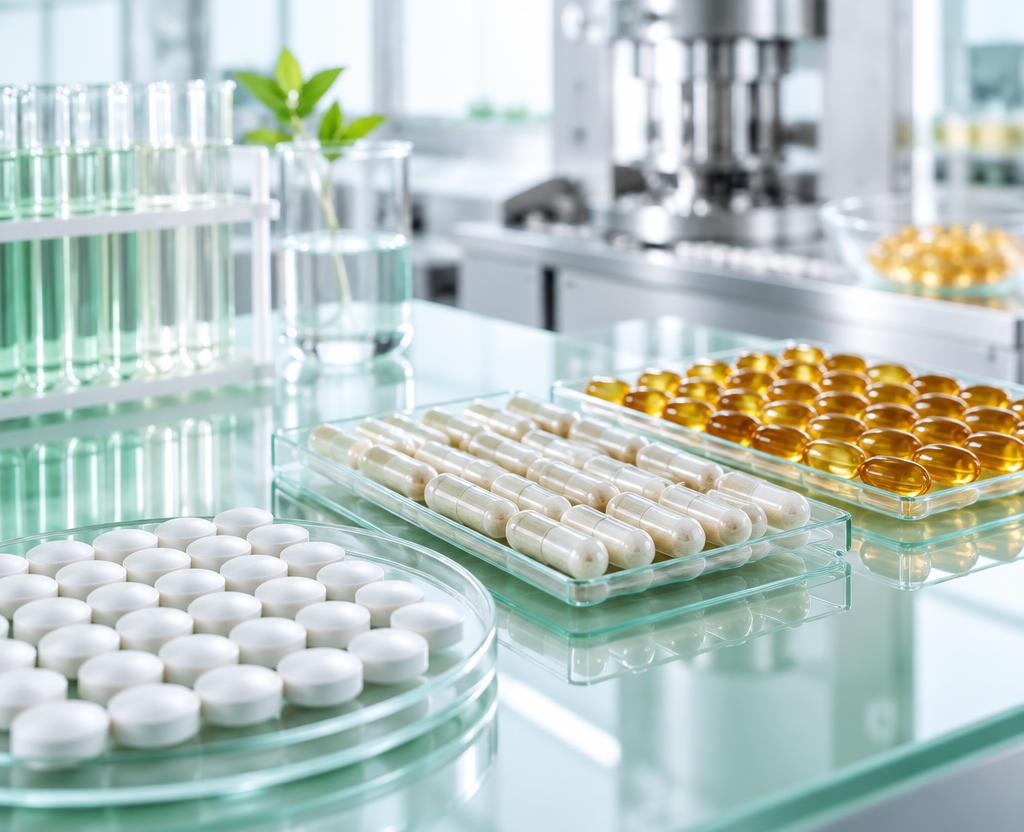 Tablets, capsules and softgels arranged in a clean supplement production laboratory